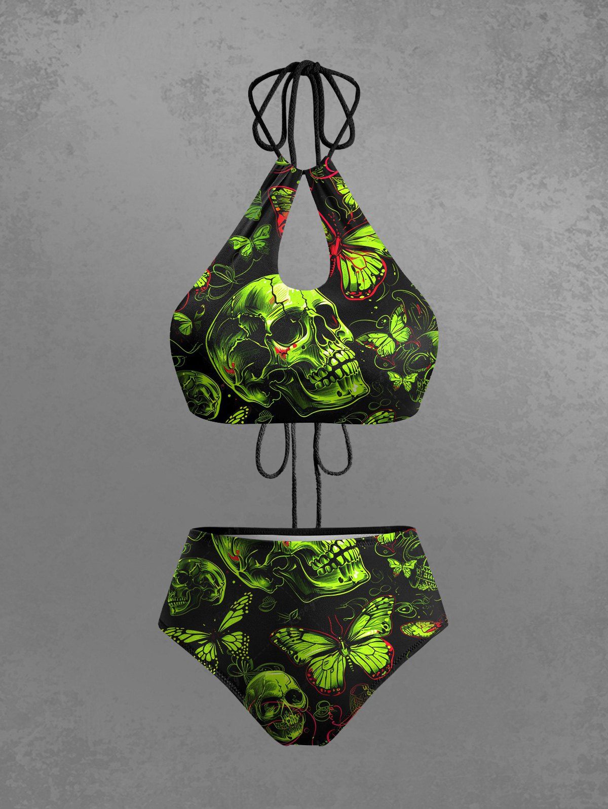 Gothic Neon Color Skulls Butterfly Print Hollow Out Halter Backless Bikini Set