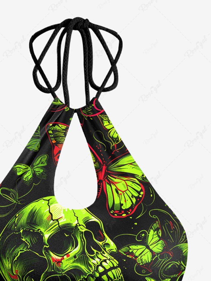 Gothic Neon Color Skulls Butterfly Print Hollow Out Halter Backless Bikini Set