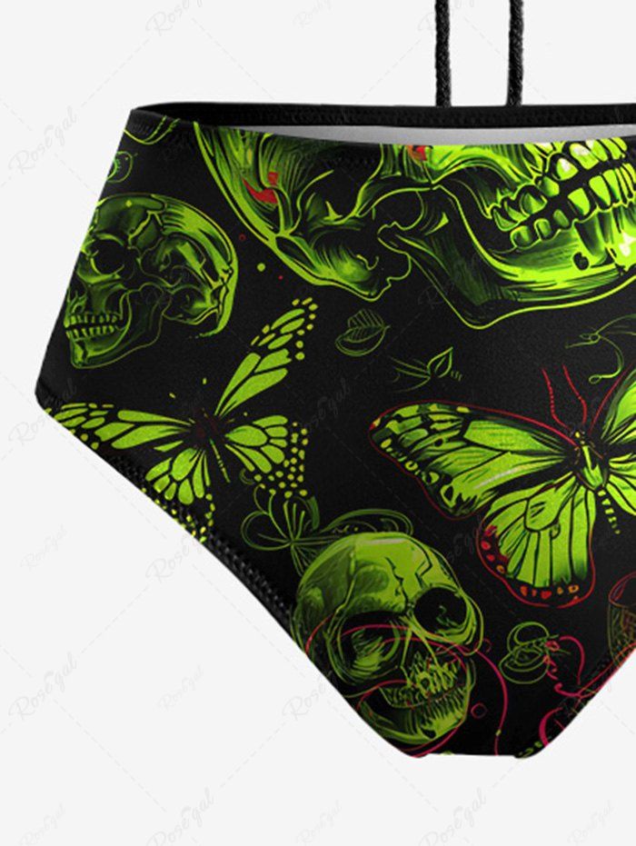 Gothic Neon Color Skulls Butterfly Print Hollow Out Halter Backless Bikini Set