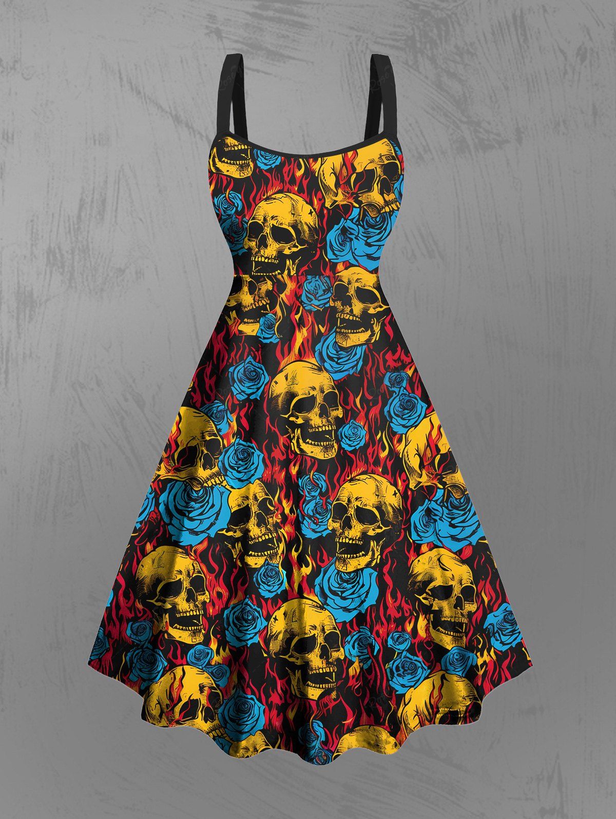 Gothic Plus Size Fire Flame Rose Flower Skulls Print Backless A Line Tank Dress