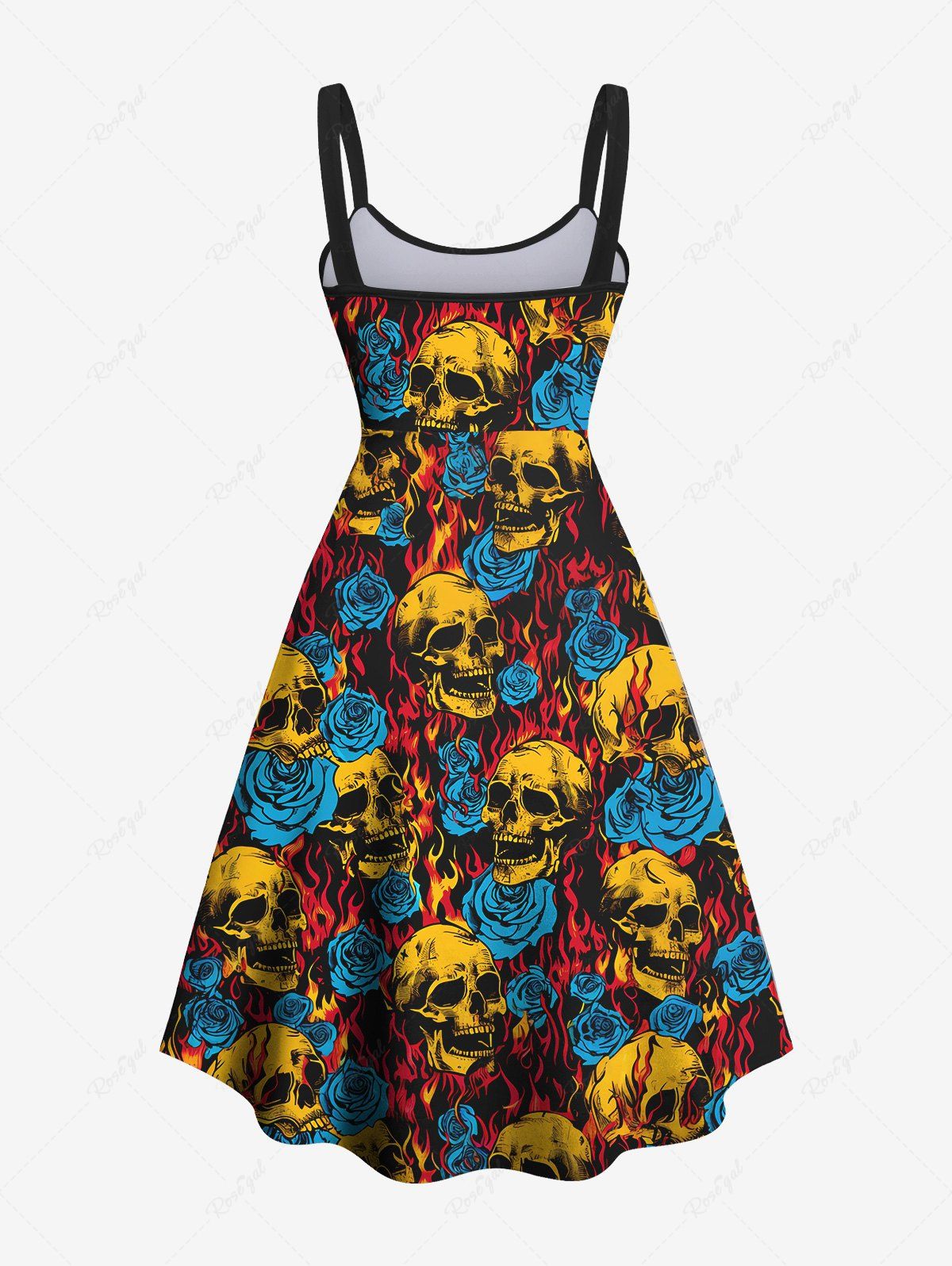 Gothic Plus Size Fire Flame Rose Flower Skulls Print Backless A Line Tank Dress