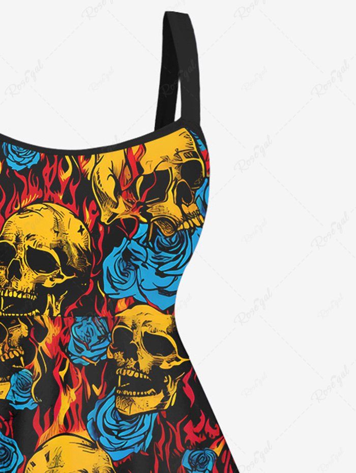 Gothic Plus Size Fire Flame Rose Flower Skulls Print Backless A Line Tank Dress