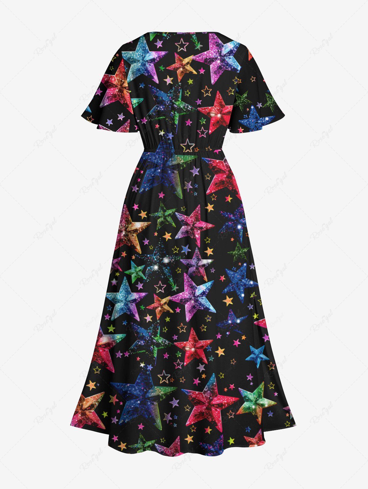 Gothic Plus Size 3D Colorful Ombre Stars Print Split Pocket A Line Dress