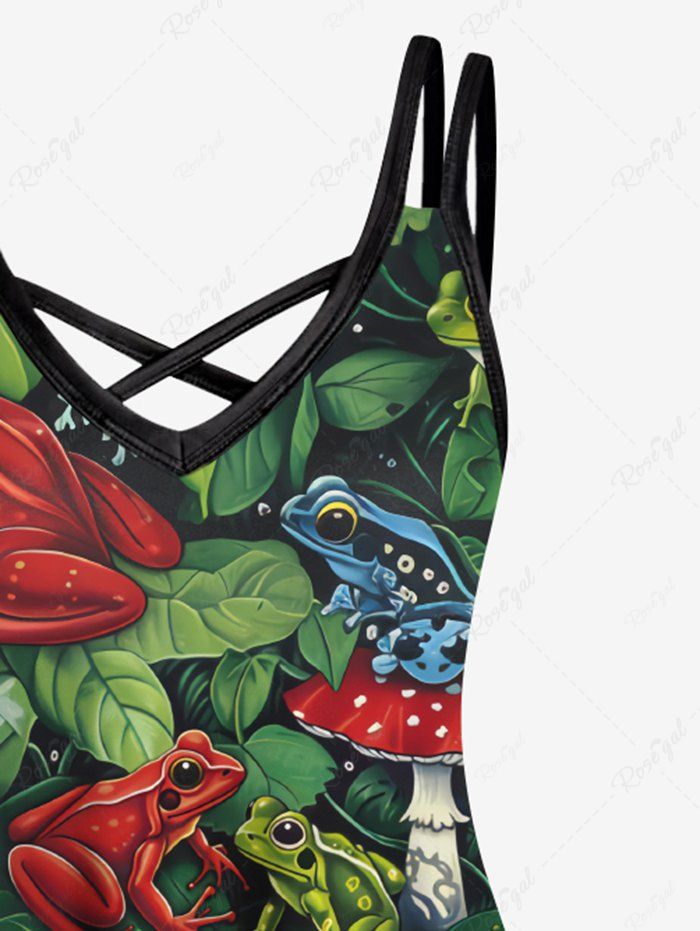 Gothic Colorful Frog Mushroom Leaf Toad Print Crisscross A Line Cami Dress