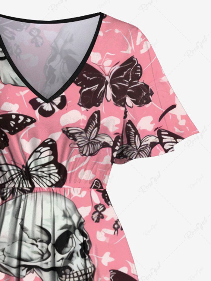Gothic Skull Butterfly Leaf Print Split Pocket A Line Dress