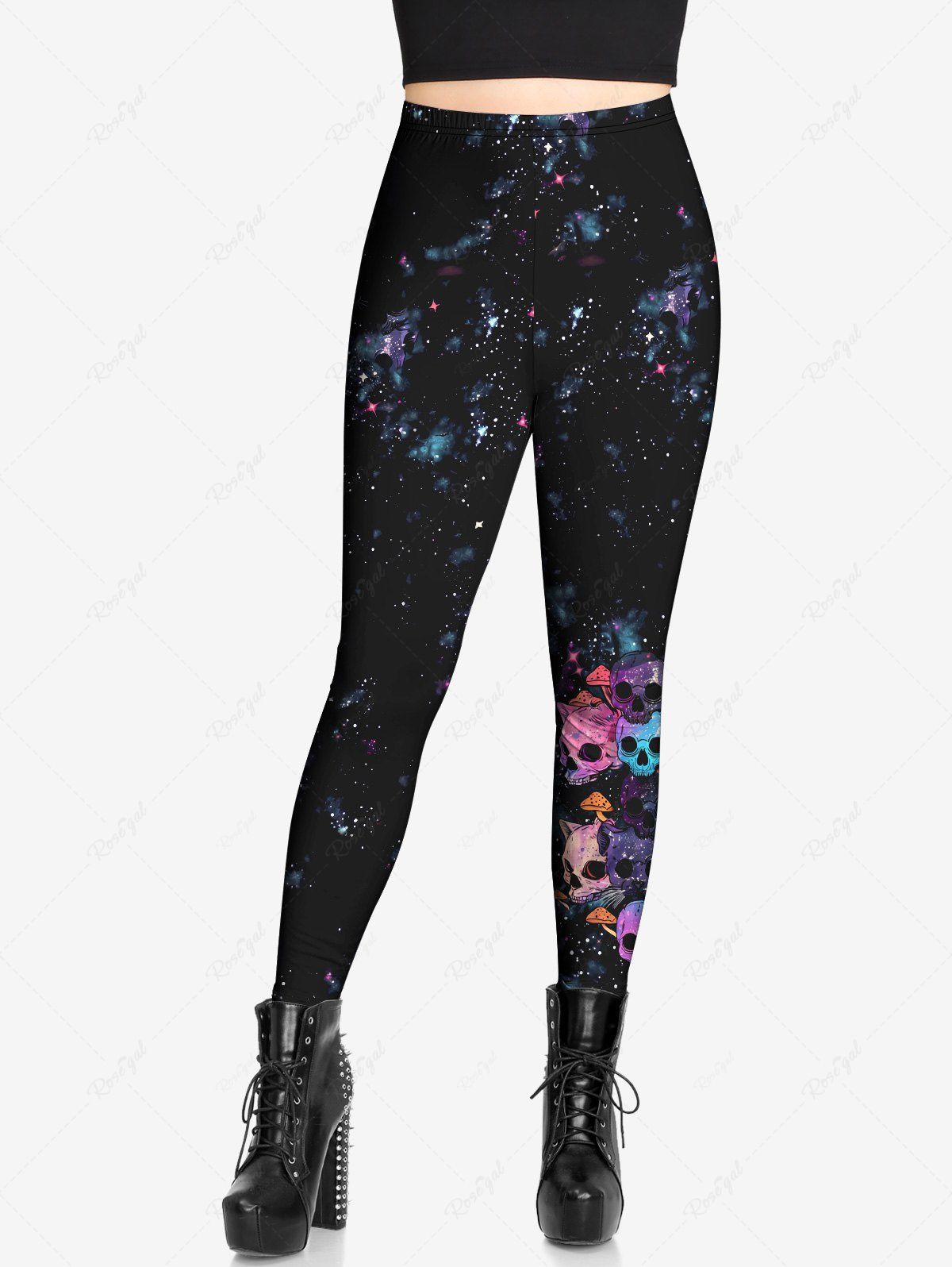 Gothic Plus Size Ombre Skulls Dog Mushroom Stars Galaxy Print Leggings