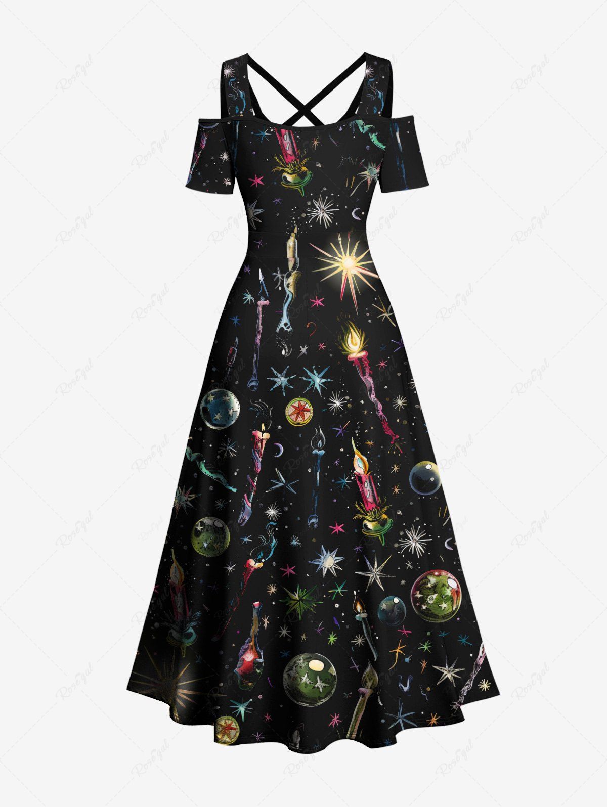 Gothic Cold Shoulder Candle Crystal Ball Stars Galaxy Print Crisscross A Line Dress