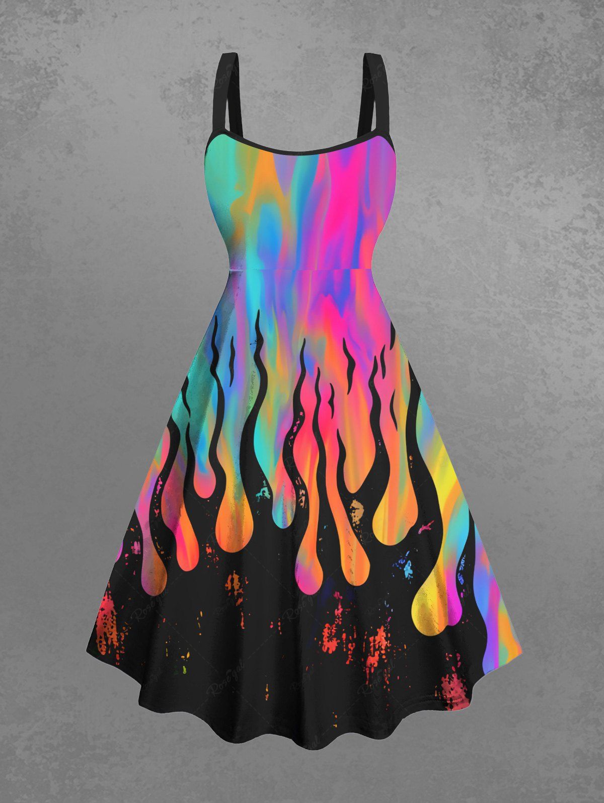 Gothic Rainbow Colorful Ombre Fire Flame Print Backless A Line Tank Dress