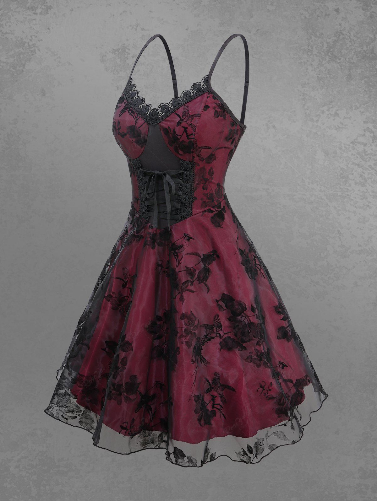 Gothic Leaf Floral Bird Flocking Lace Up Lace-trim Layered Backless A Line Cami Dress