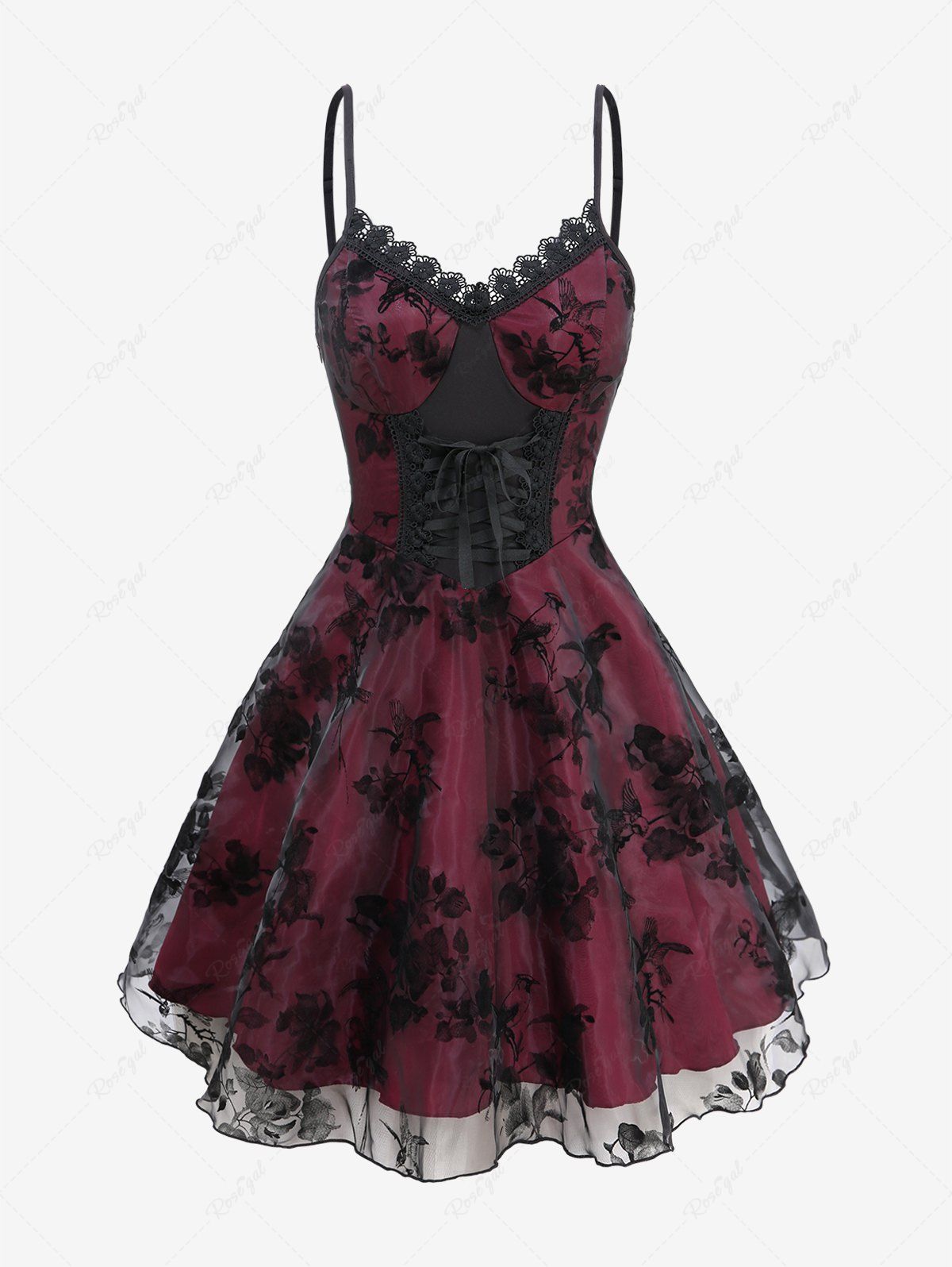 Gothic Leaf Floral Bird Flocking Lace Up Lace-trim Layered Backless A Line Cami Dress