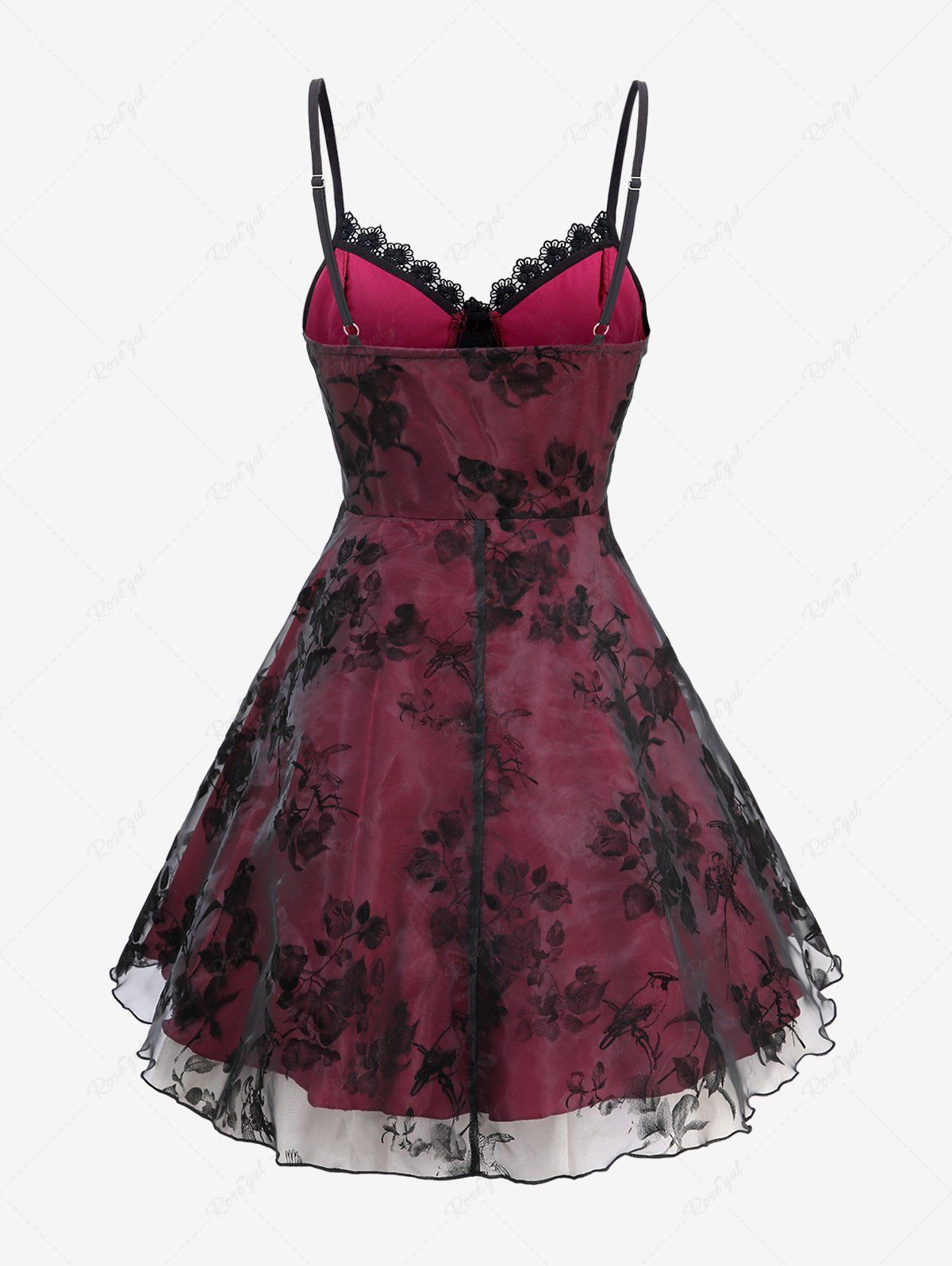 Gothic Leaf Floral Bird Flocking Lace Up Lace-trim Layered Backless A Line Cami Dress