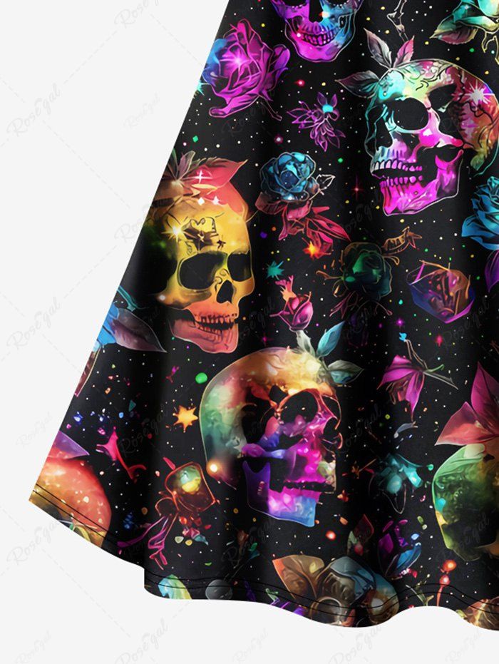 Gothic Glitter Skulls Floral Galaxy Print Crisscross A Line Cami Dress