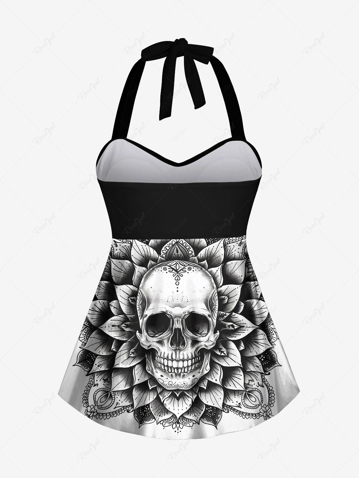 Gothic Skull Vintage Floral Print Twist Halter Backless Cinched Boyleg Tankini Swimsuit