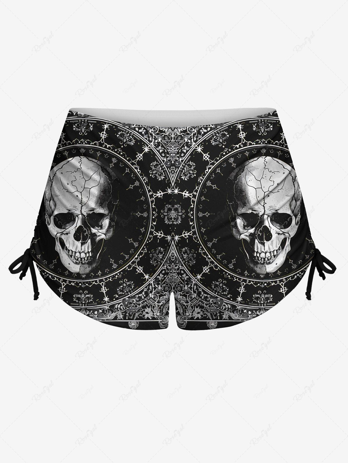 Gothic Skull Vintage Floral Print Twist Halter Backless Cinched Boyleg Tankini Swimsuit
