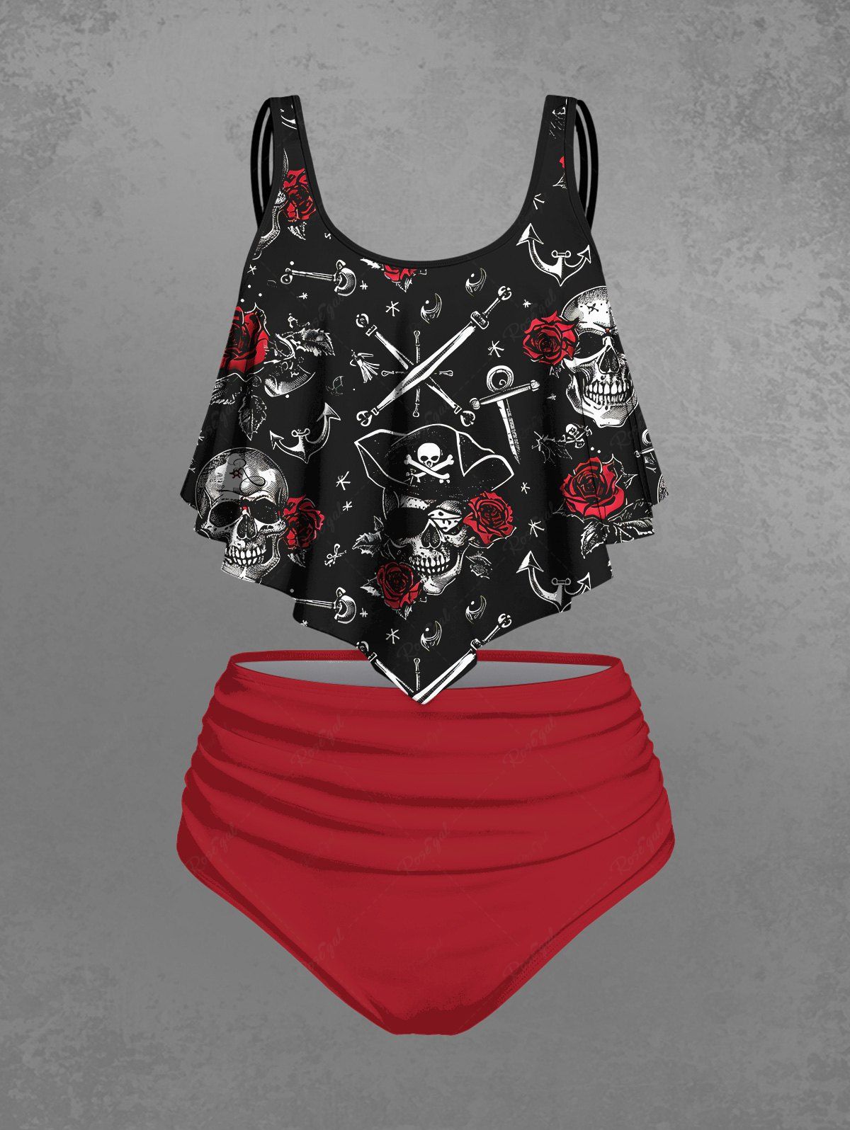 Gothic Plus Size Skull Pirate Sword Rose Flower Print Peplem Hem Tankini Swimsuit