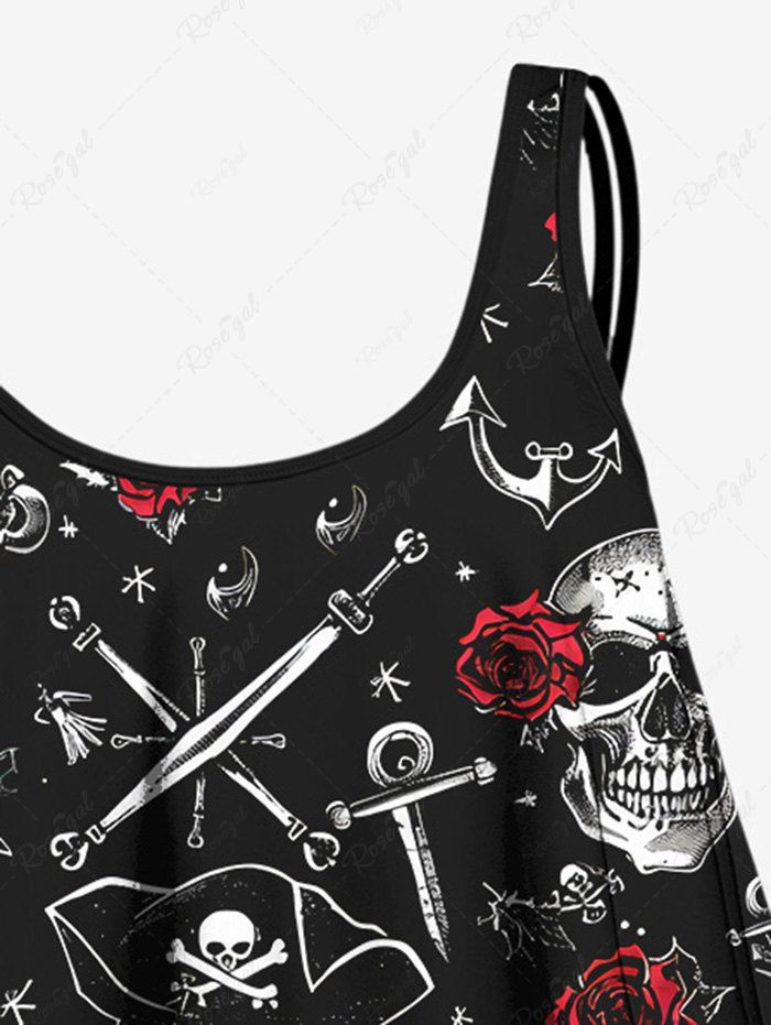 Gothic Skull Pirate Sword Rose Flower Print Peplem Hem Tankini Swimsuit