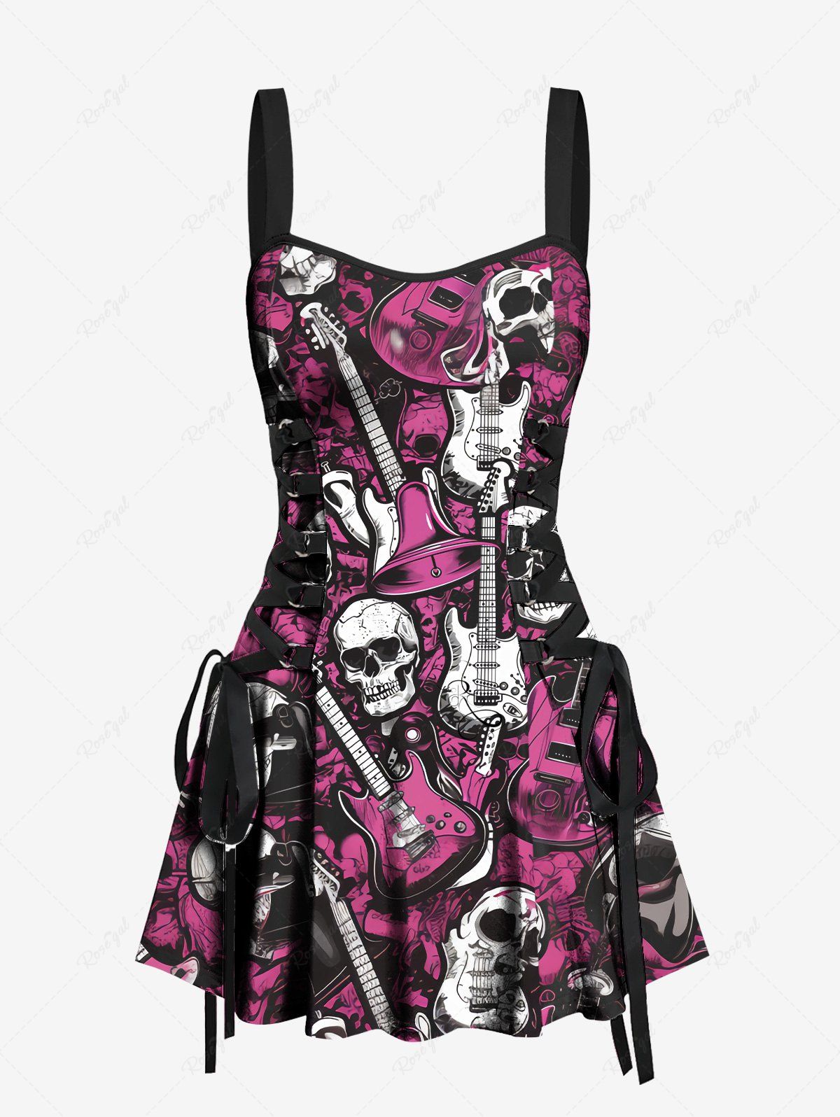 Gothic Skulls Guitar Bell Print Lace Up Backless A Line Tank Dress