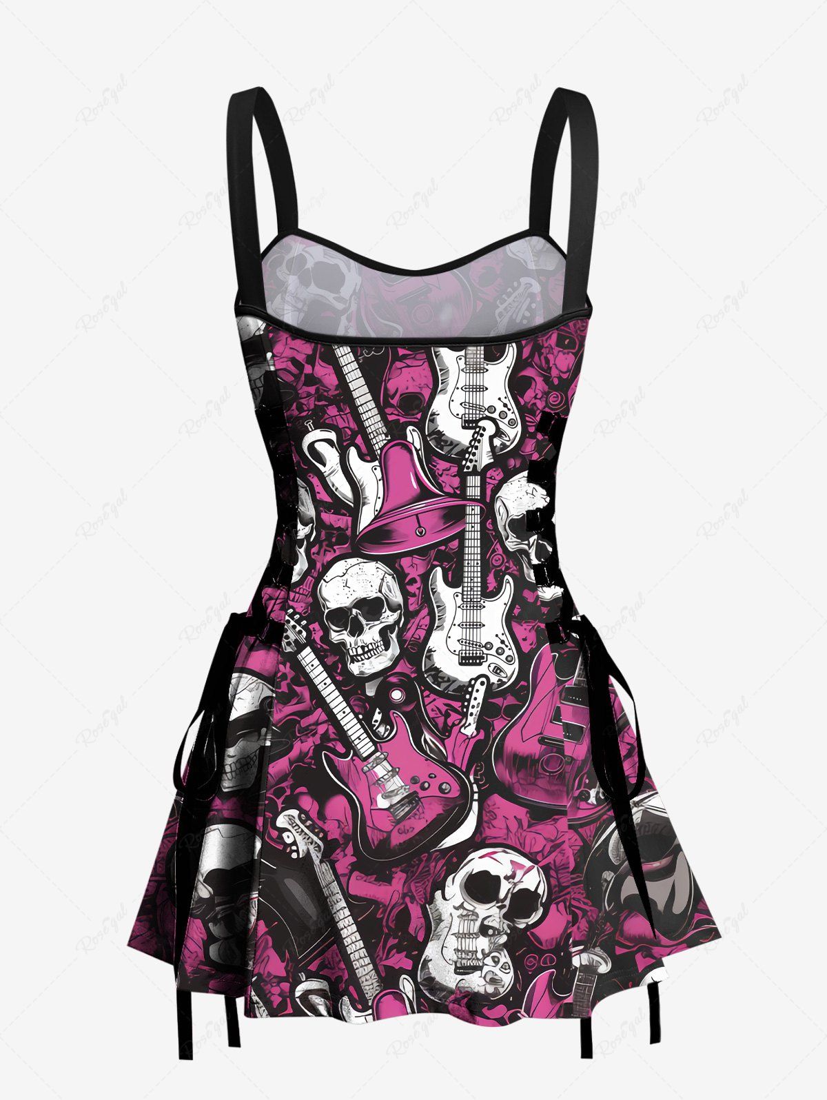 Gothic Skulls Guitar Bell Print Lace Up Backless A Line Tank Dress