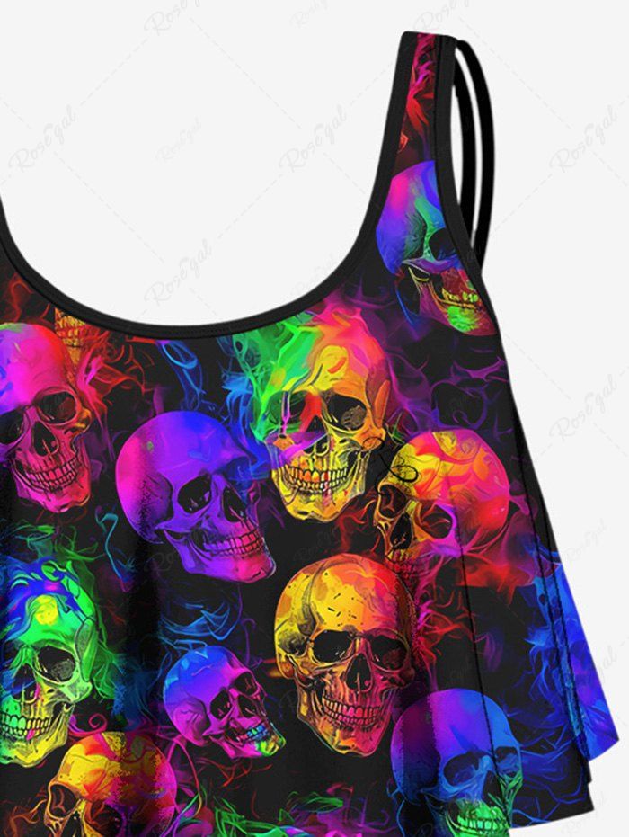 Gothic Colorful Ombre Striped Smoking Skulls Print Peplum Hem Backless Tankini Swimsuit
