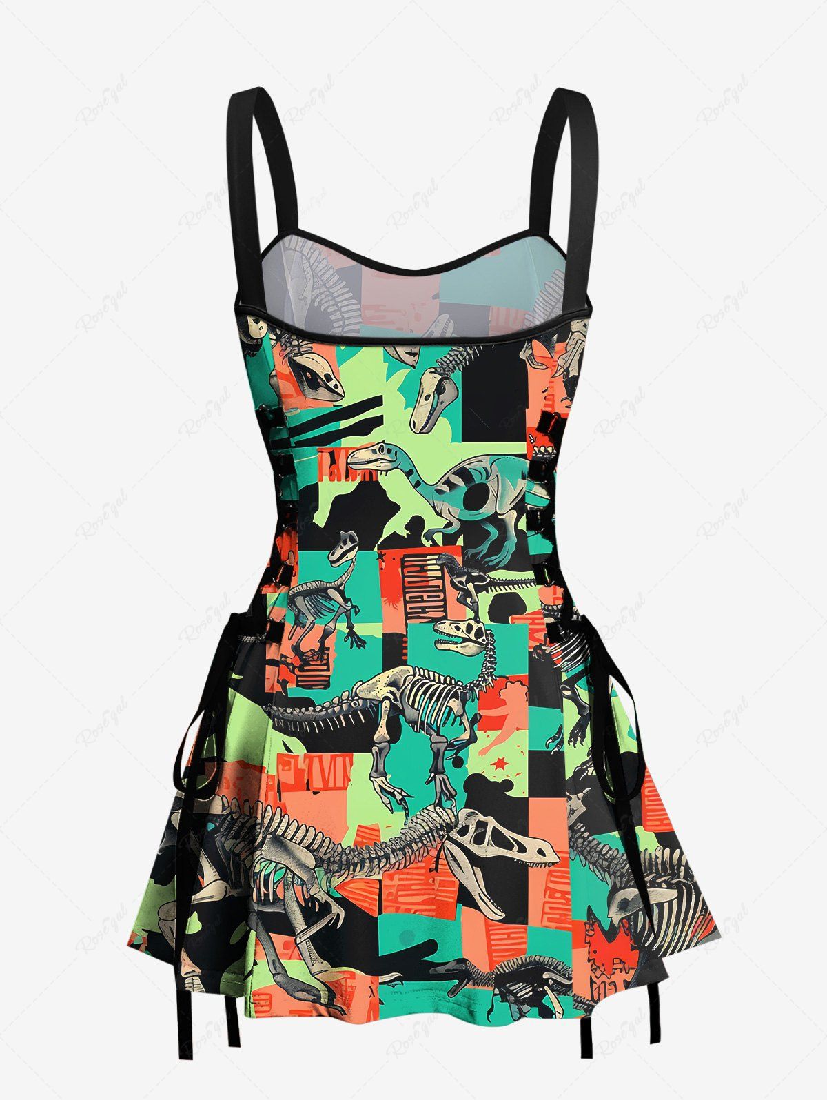 Gothic Dinosaur Colorblock Print Lace Up Backless A Line Tank Dress