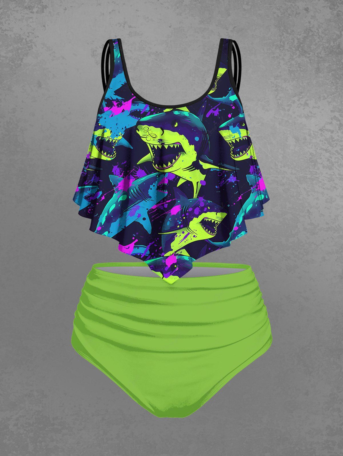Gothic Neon Color Shark Sea Creatures Print Peplum Hem Backless Tankini Swimsuit
