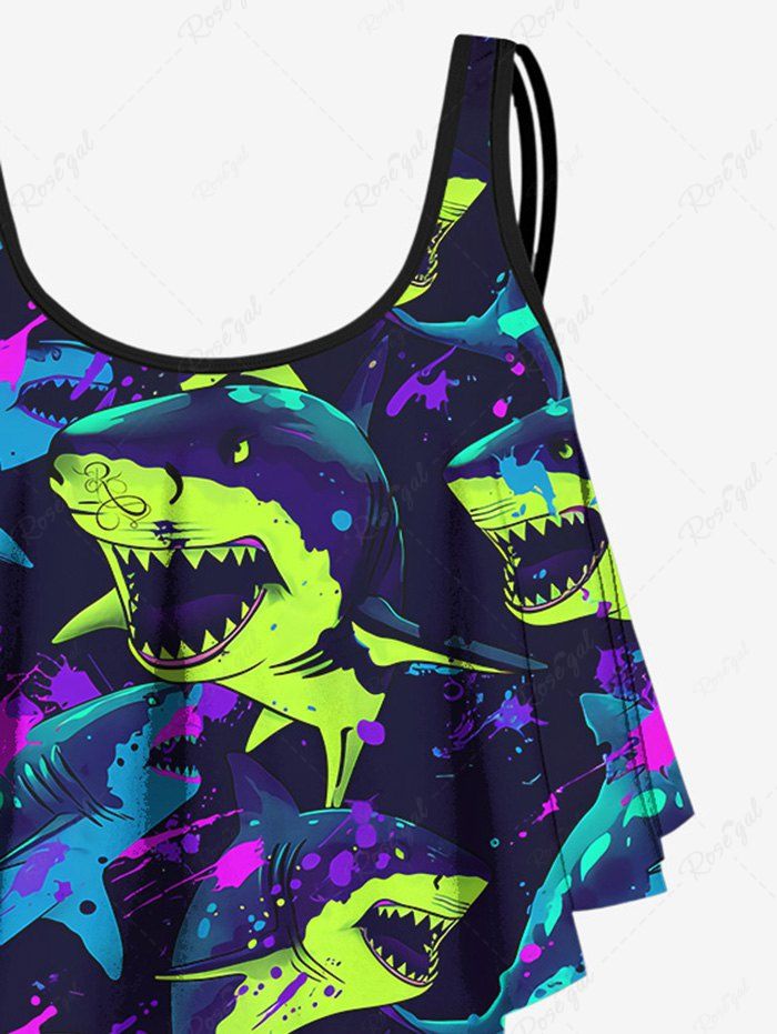 Gothic Neon Color Shark Sea Creatures Print Peplum Hem Backless Tankini Swimsuit