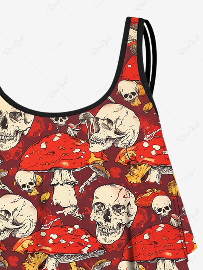 Gothic Skulls Mushroom Print Peplum Hem Backless Tankini Swimsuit