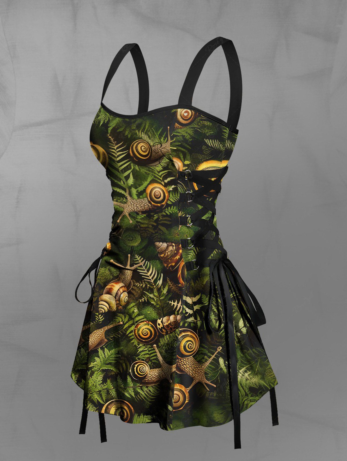 Gothic Snails Leaves Print Lace Up Backless A Line Tank Dress