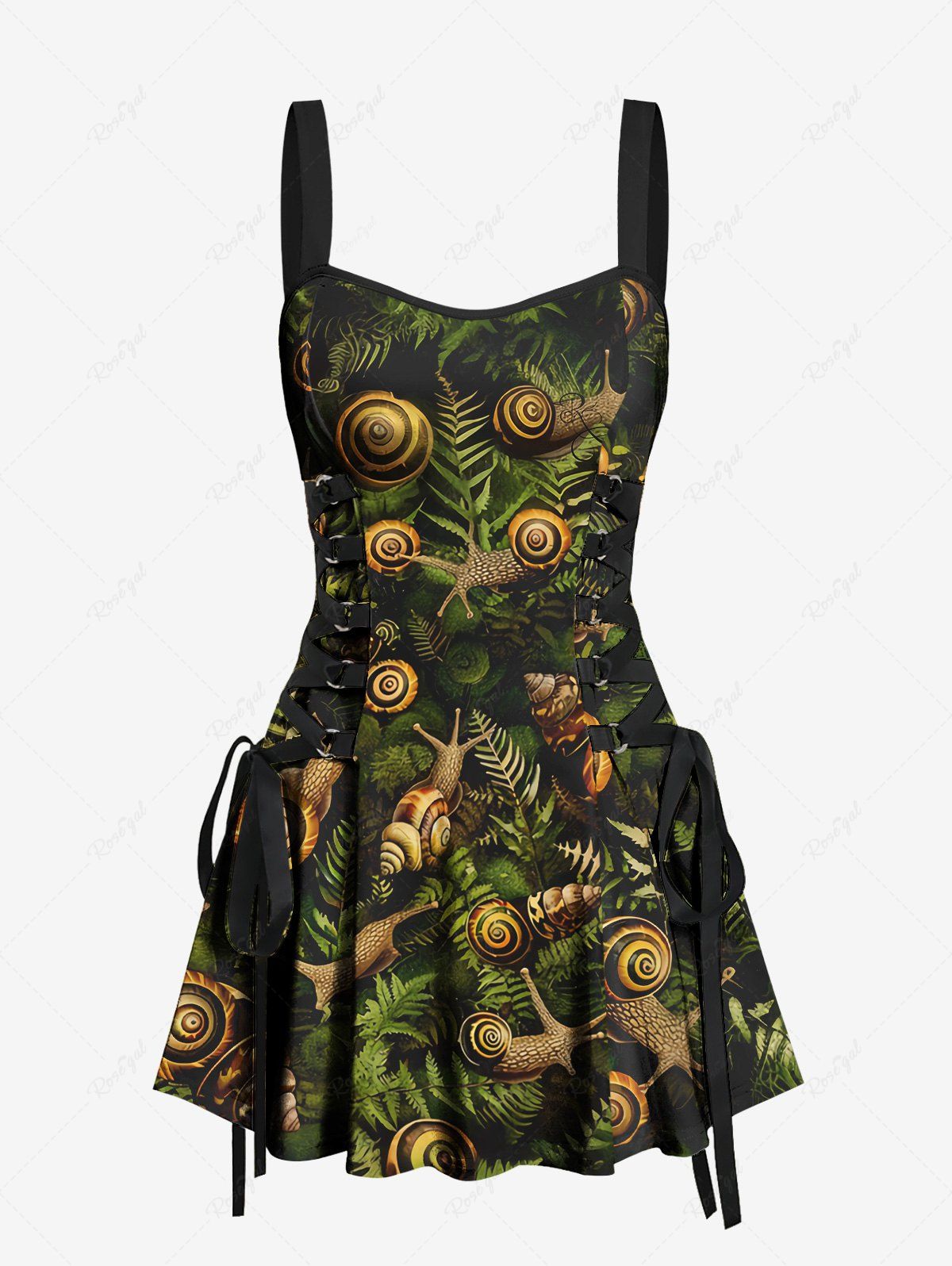 Gothic Snails Leaves Print Lace Up Backless A Line Tank Dress