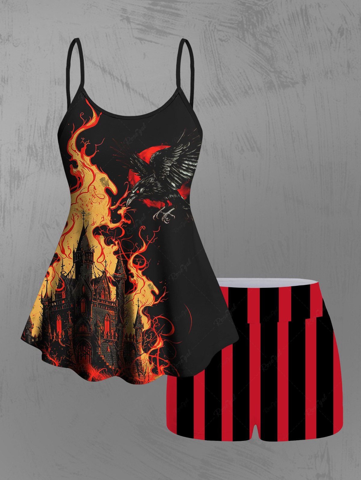 Gothic Eagle Fire Flame Moon Castle Striped Print Boyleg Tankini Swimsuit (Adjustable Shoulder Strap)