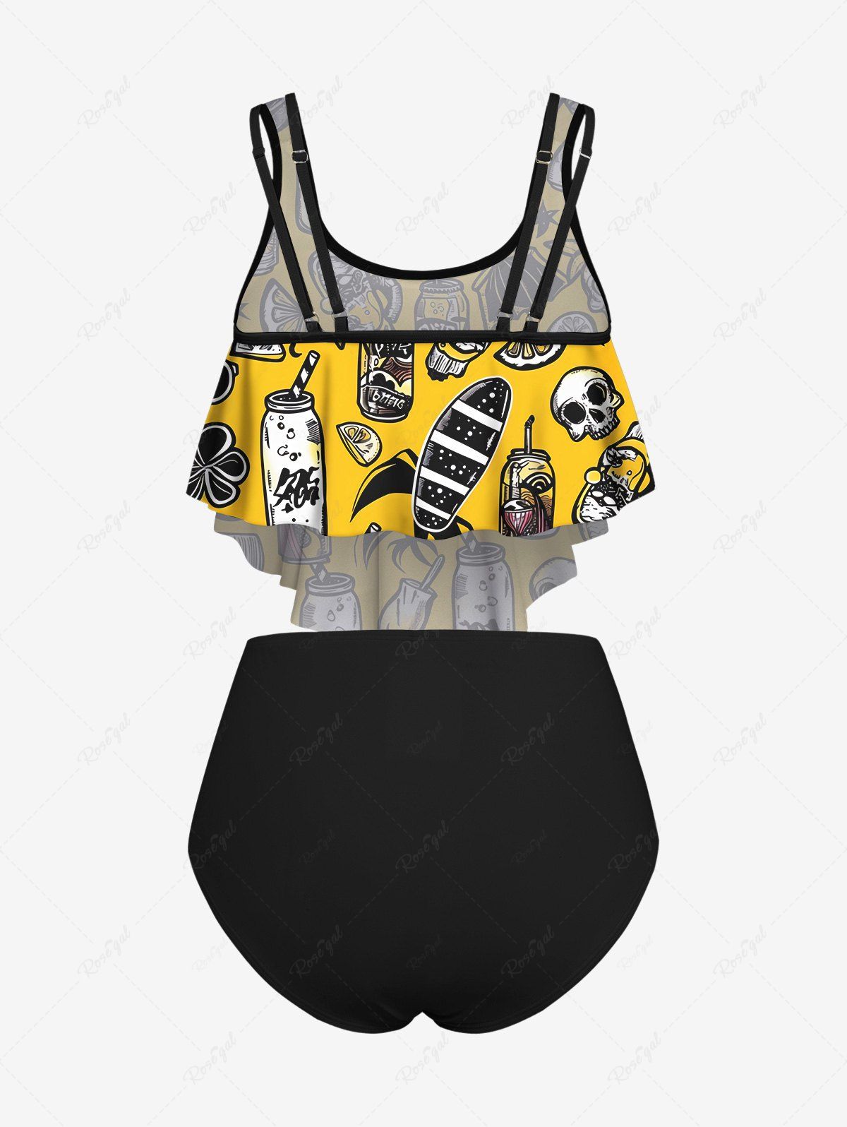 Gothic Plus Size Skull Lemon Juice Boat Print Peplum Hem Hawaii Backless Tankini Swimsuit (Adjustable Shoulder Strap)