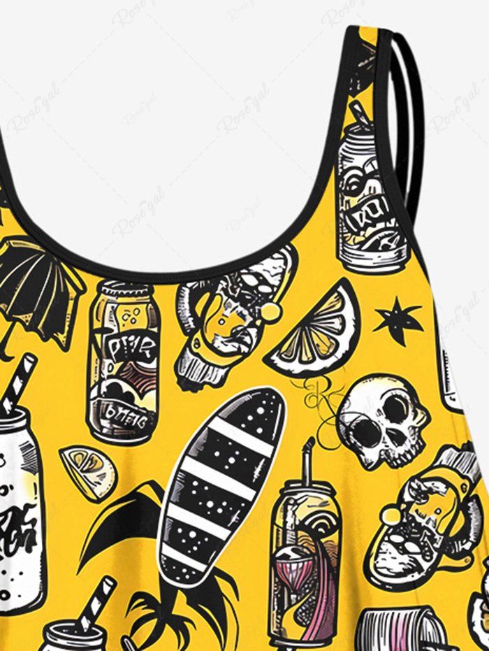 Gothic Plus Size Skull Lemon Juice Boat Print Peplum Hem Hawaii Backless Tankini Swimsuit (Adjustable Shoulder Strap)