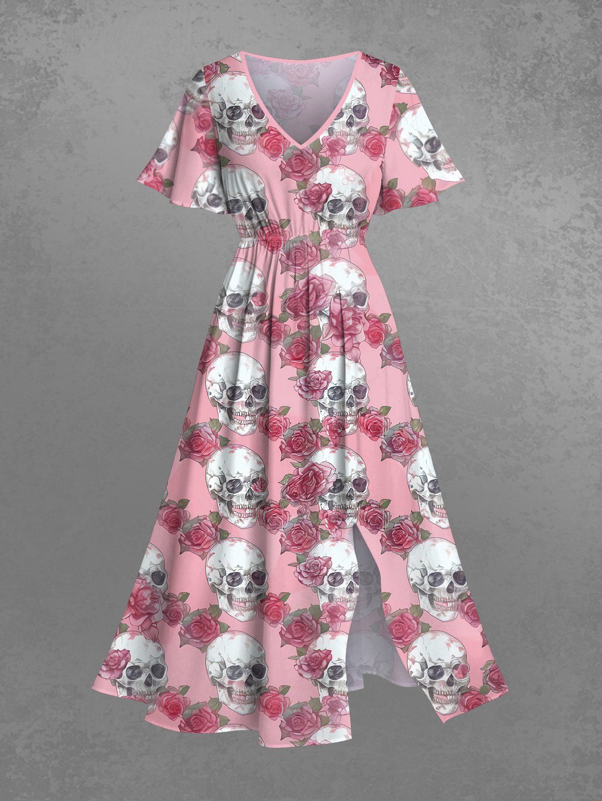 Gothic Plus Size Skull Rose Flower Leaf Print Split Pocket A Line Dress