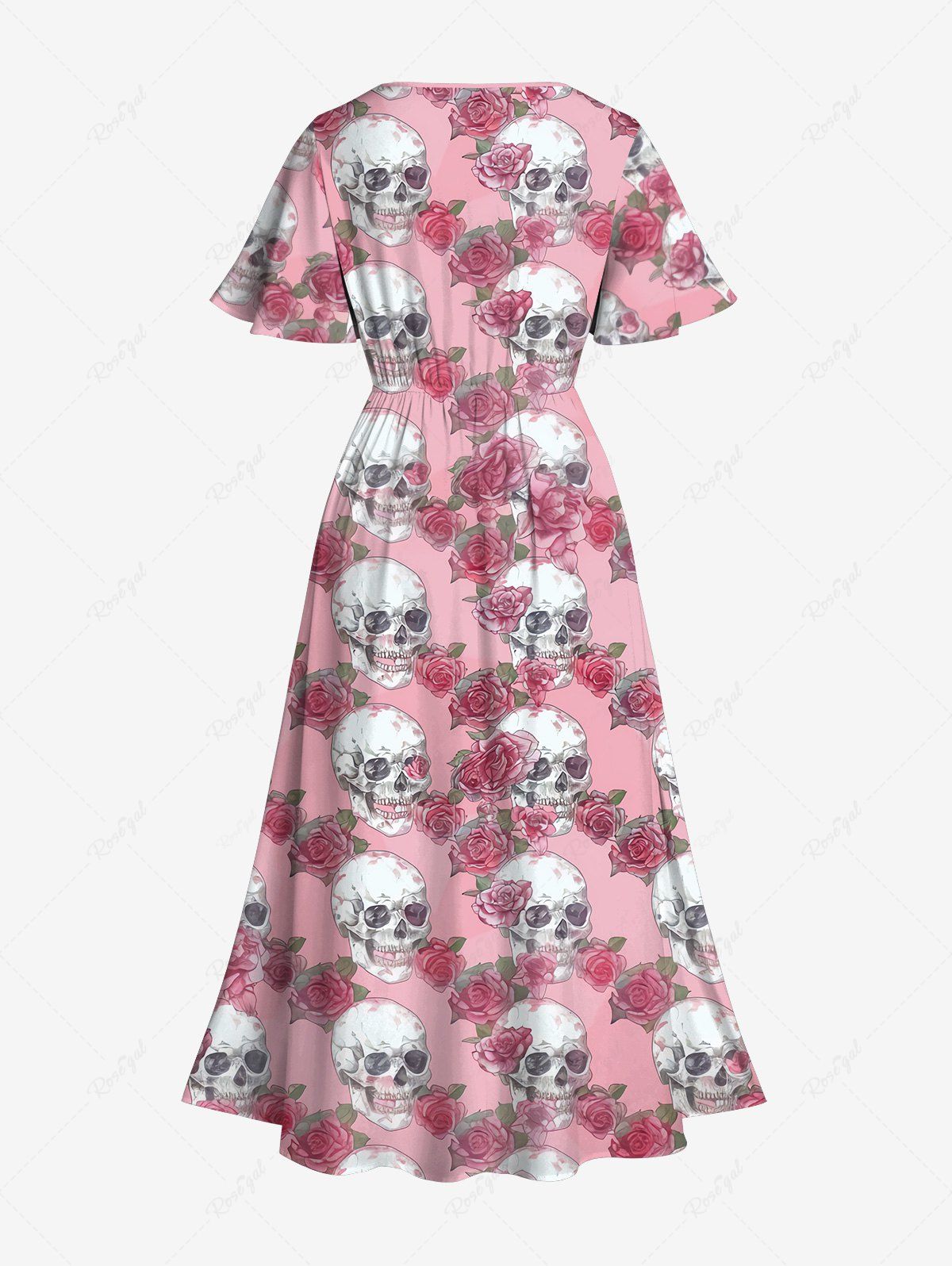 Gothic Plus Size Skull Rose Flower Leaf Print Split Pocket A Line Dress