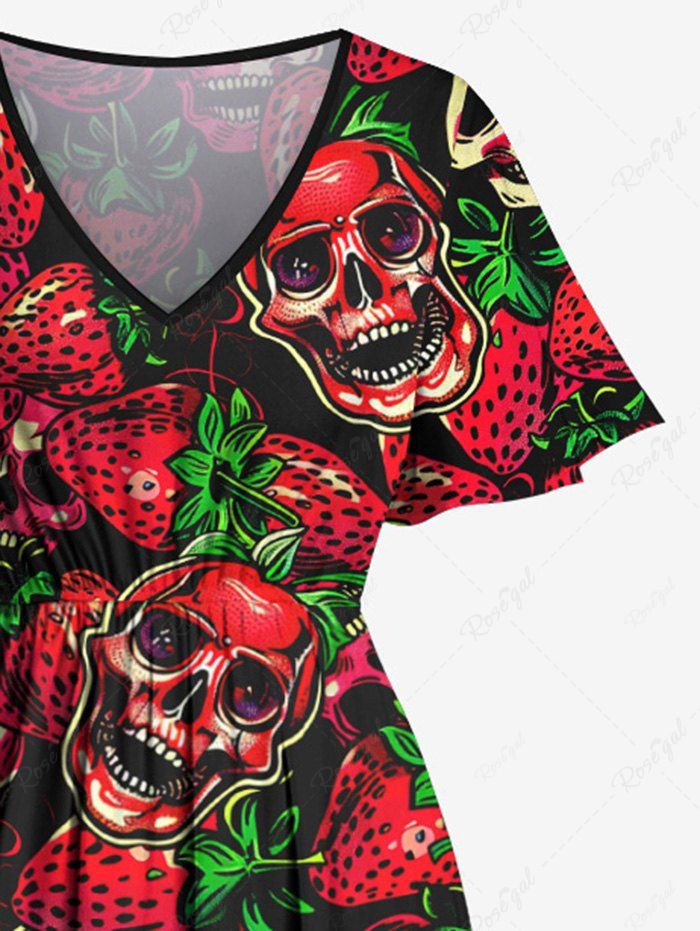 Gothic Skulls Strawberry Print Split Pocket A Line Midi Dress