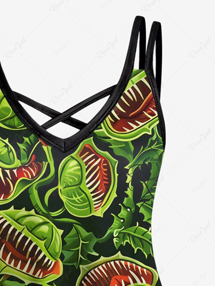 Gothic Piranha Plant Print Crisscross A Line Cami Dress