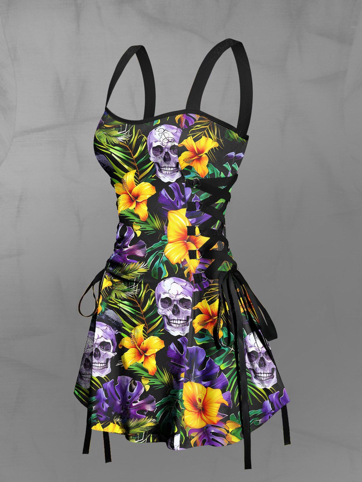 Gothic Skull Coconut Leaves Floral Print Hawaii Lace Up Backless A Line Mini Dress