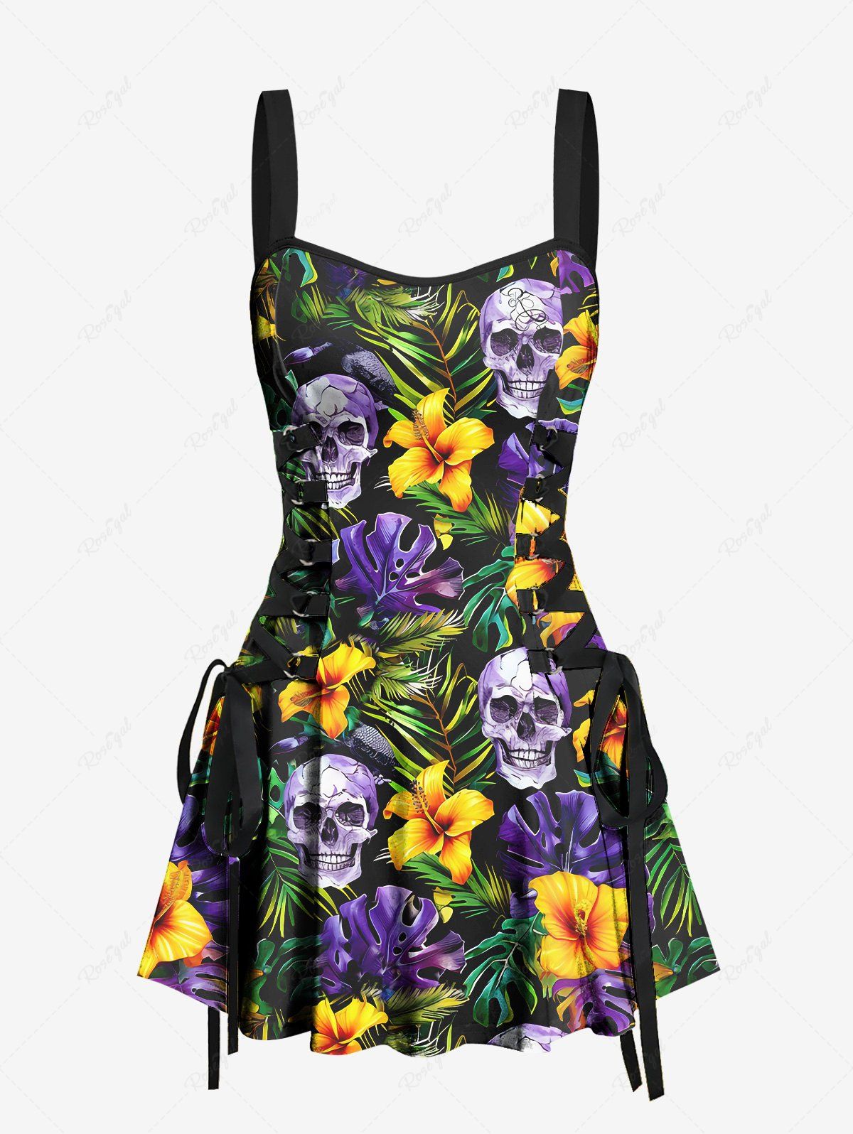 Gothic Skull Coconut Leaves Floral Print Hawaii Lace Up Backless A Line Mini Dress