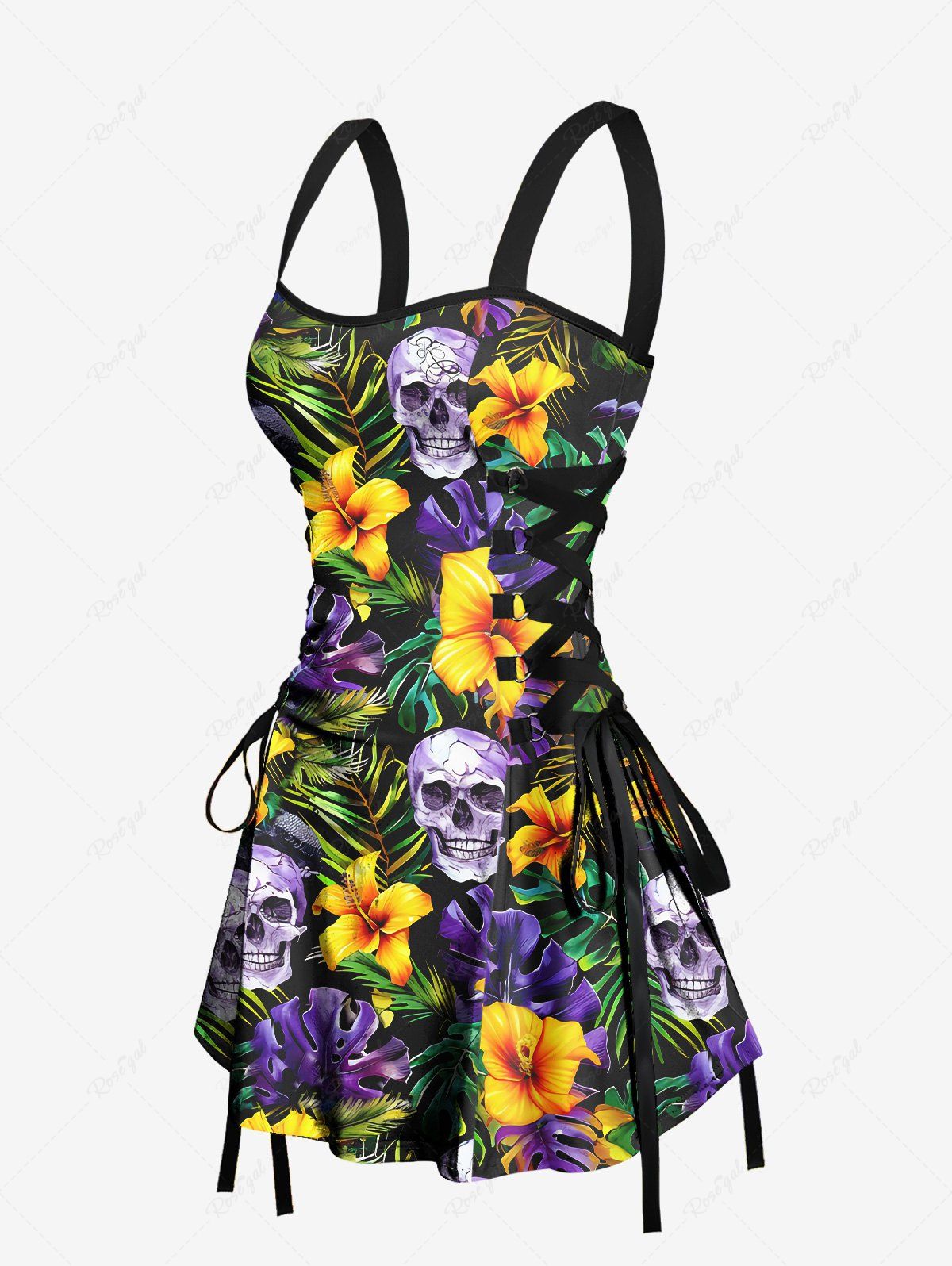 Gothic Skull Coconut Leaves Floral Print Hawaii Lace Up Backless A Line Mini Dress