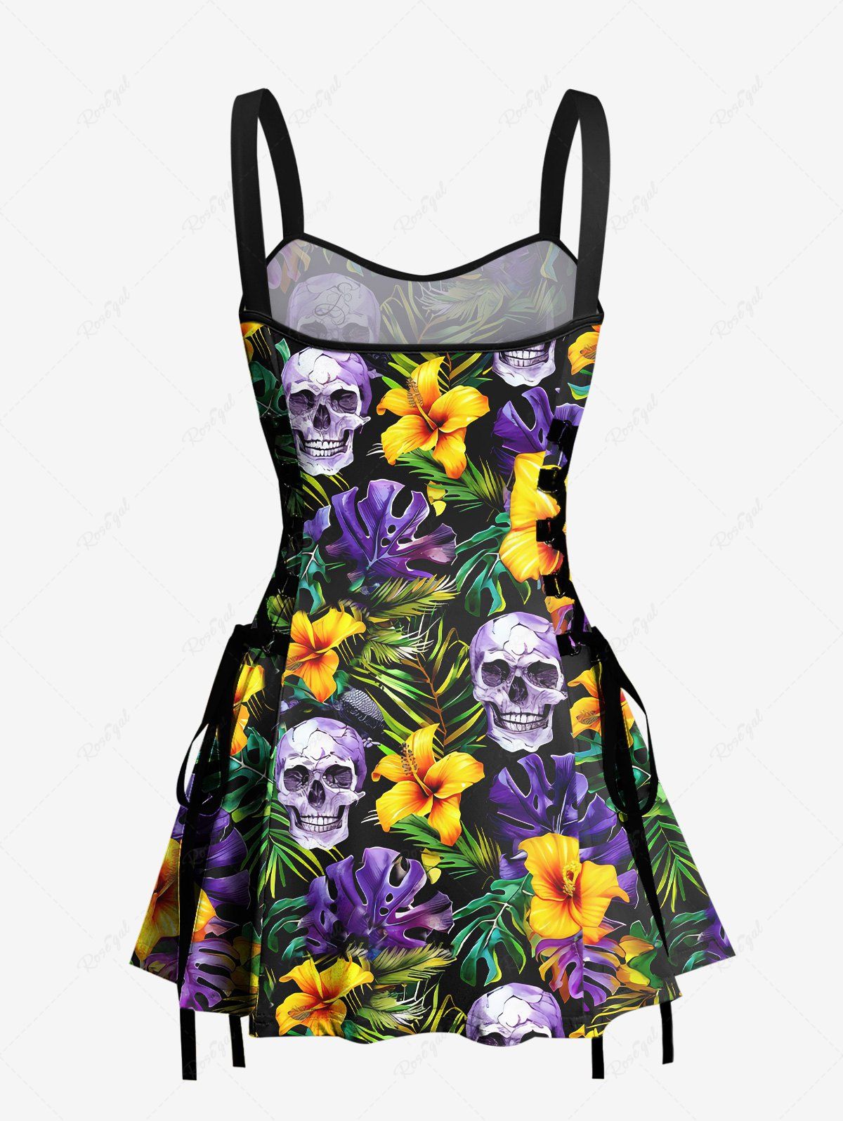 Gothic Skull Coconut Leaves Floral Print Hawaii Lace Up Backless A Line Mini Dress