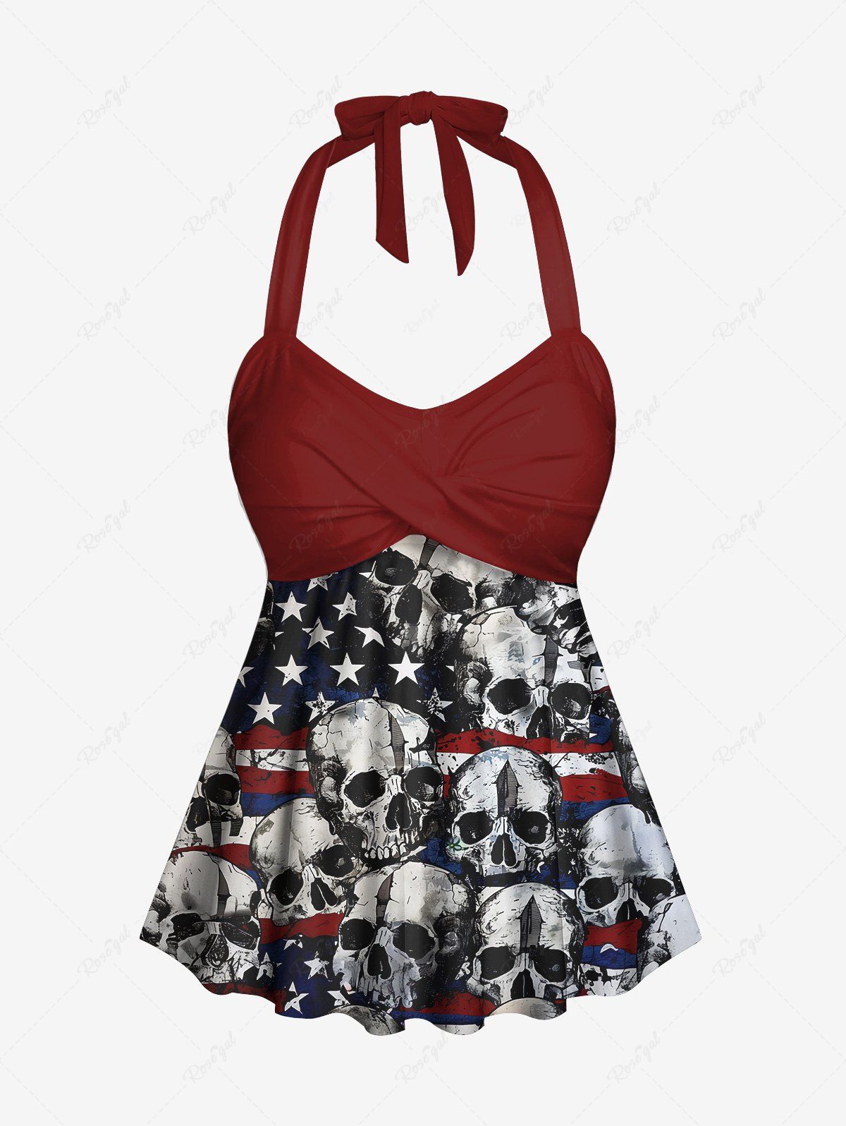 Gothic Skull Patriotic American Flag Print Twist Halter Backless Cinched Boyleg Tankini Swimsuit