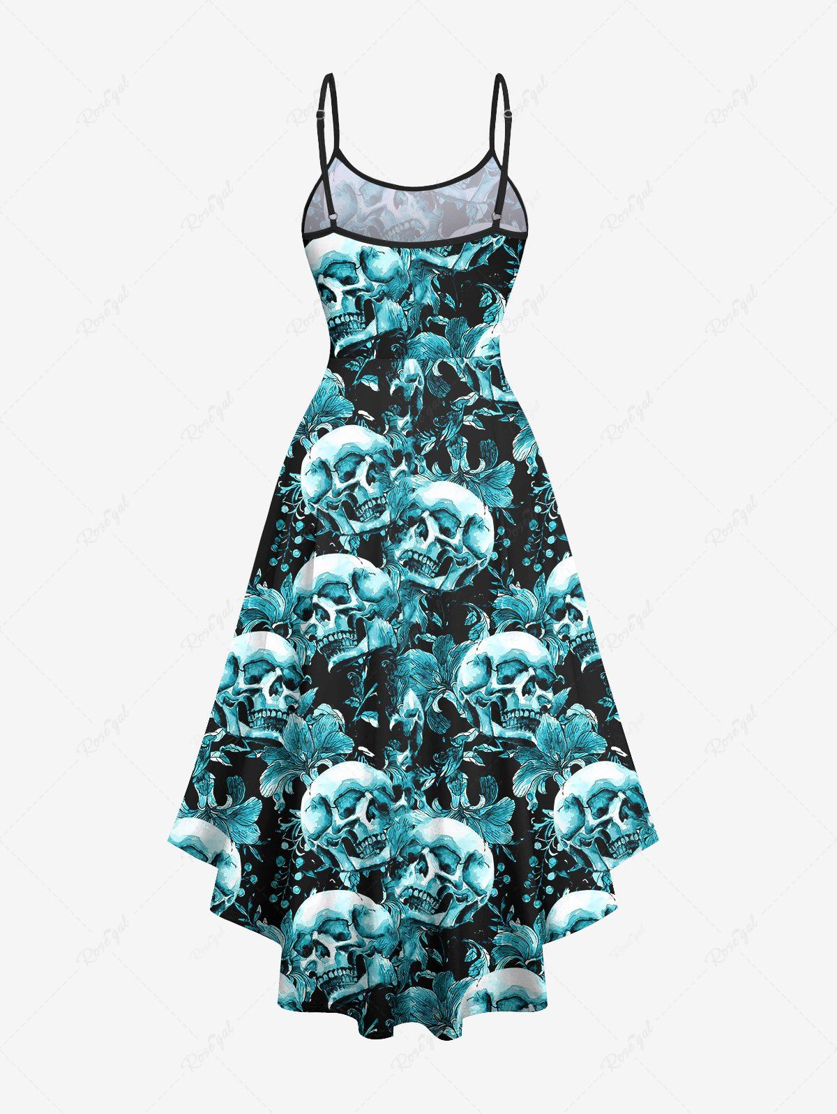 Gothic Skulls Flowers Print High Low Dress