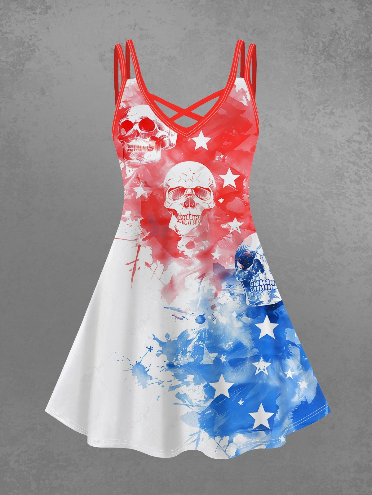 Gothic Plus Size Patriotic American Flag Skulls Paint Splatter Print Crisscross Dress