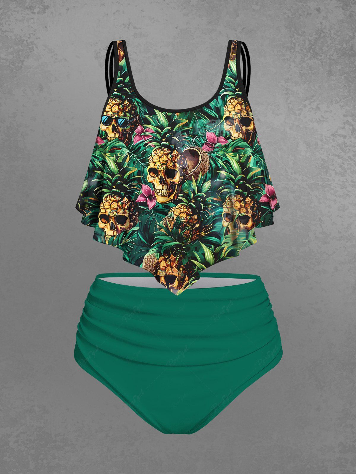 Gothic Skulls Pineapple Flowers Print Hawaii Tankini Swimsuit(Adjustable Shoulder Strap)