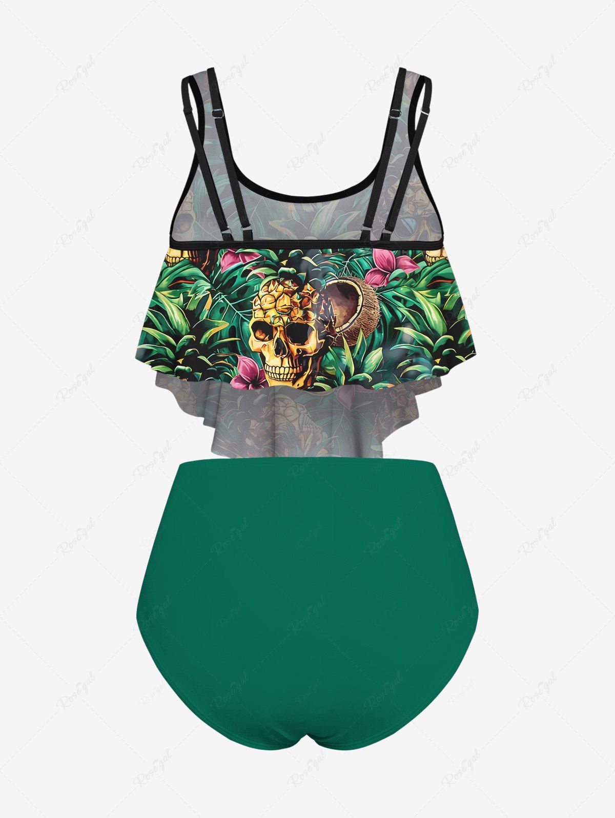 Gothic Skulls Pineapple Flowers Print Hawaii Tankini Swimsuit(Adjustable Shoulder Strap)