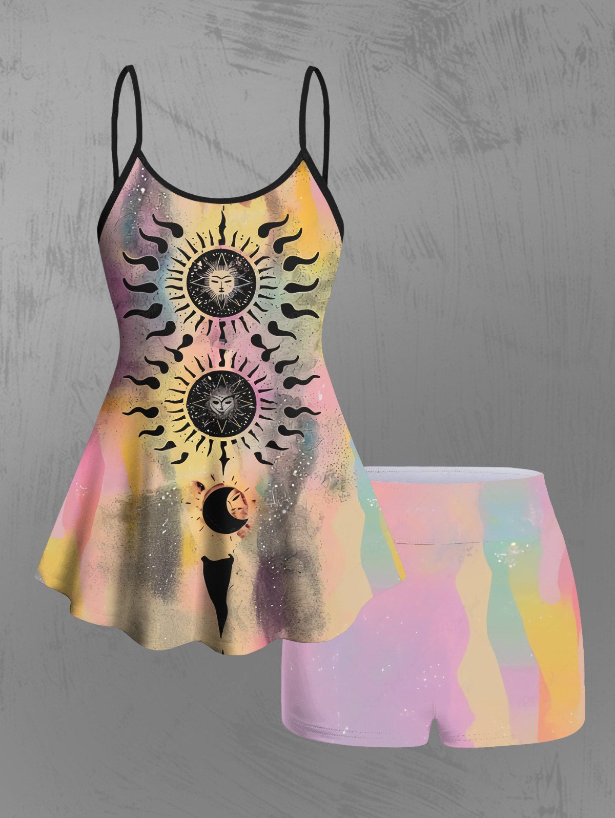 Gothic Galaxy Sun Moon Ombre Tie Dye Print Boyleg Tankini Swimsuit(Adjustable Shoulder Strap)