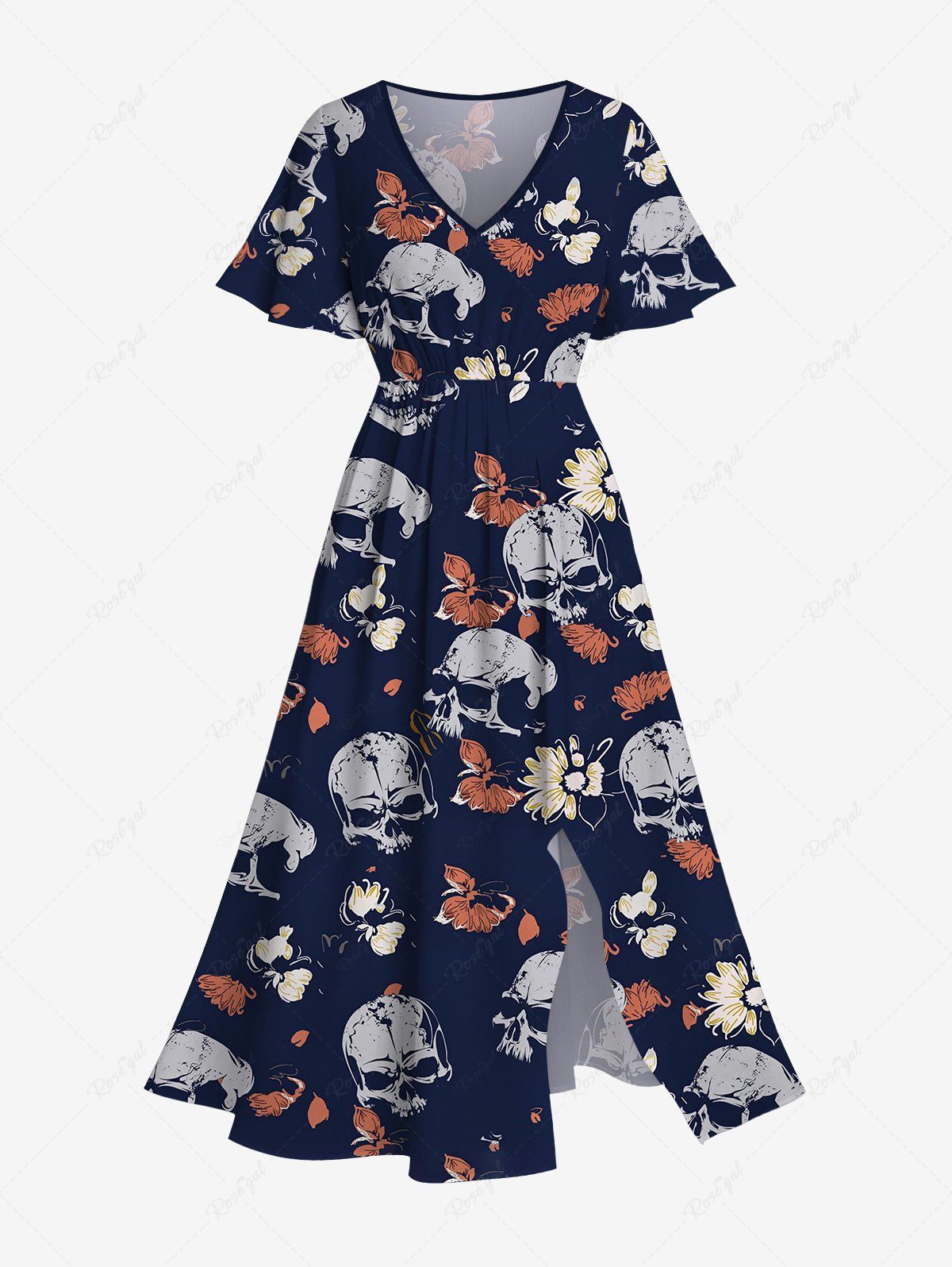 Gothic Plus Size Skull Butterfly Floral Print Split Pocket A Line Midi Dress