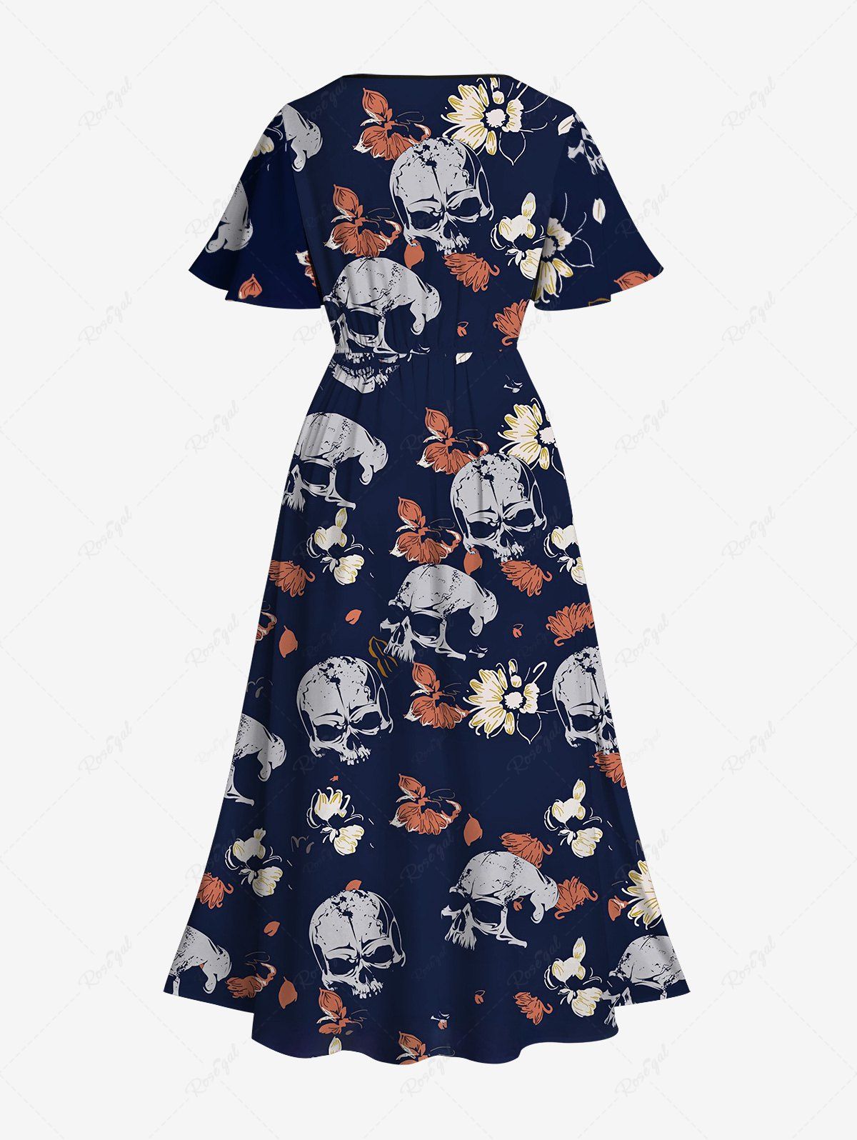 Gothic Plus Size Skull Butterfly Floral Print Split Pocket A Line Midi Dress