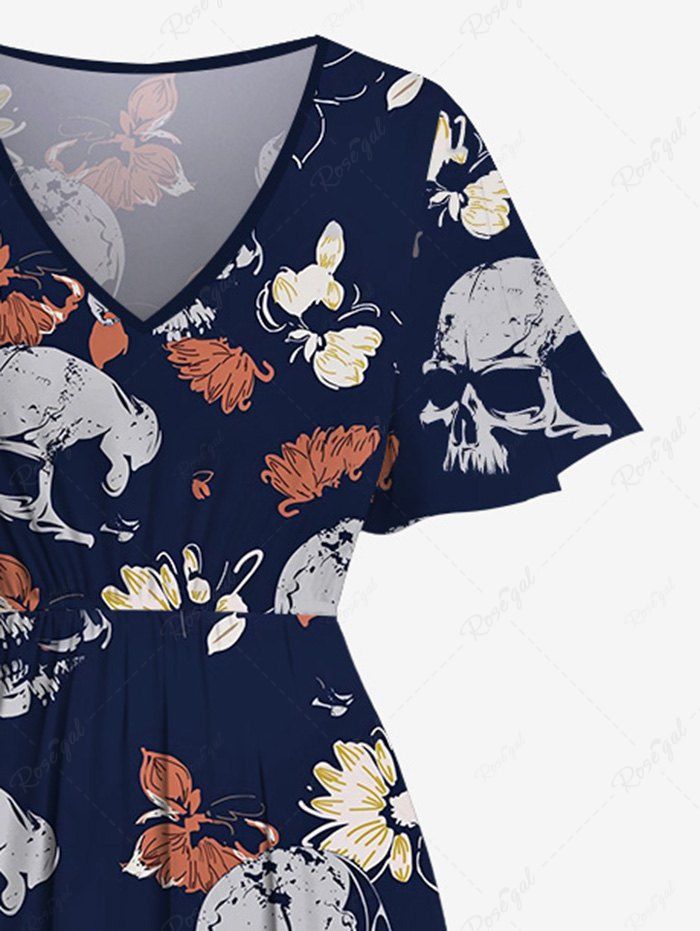 Gothic Plus Size Skull Butterfly Floral Print Split Pocket A Line Midi Dress