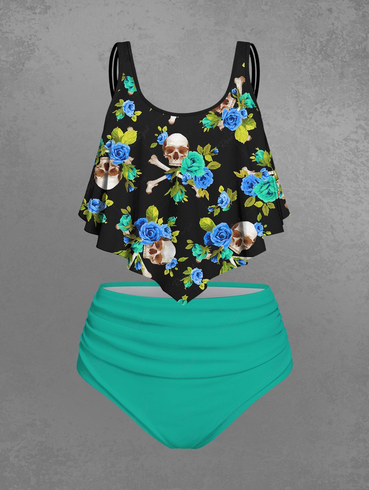 Gothic Plus Size Skulls Rose Flower Print Peplum Hem Backless Tankini Swimsuit (Adjustable Shoulder Strap)